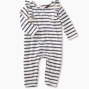Tea Collection Cream and Navy Striped Ruffle Shoulder One-Piece